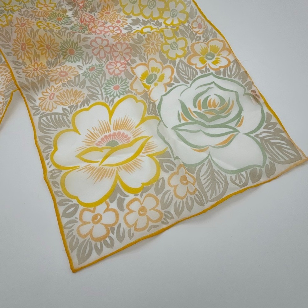 Vintage 60s Glentex Sheer Floral Scarf Hand Rolled Yellow Peach Sage Oblong Wrap - Picture 2 of 8